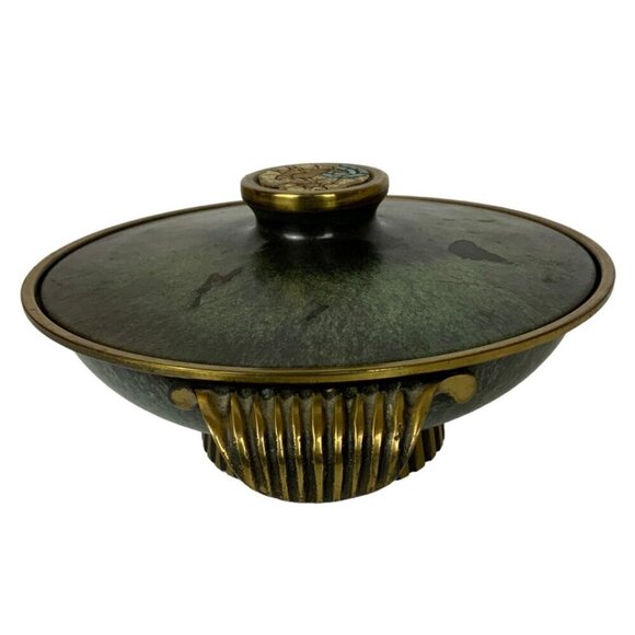 Vintage Dayagi Brass Enamel Lidded Dish Mosaic Rooster Handle Green Gold Israel - Picture 2 of 10